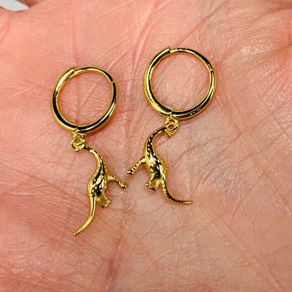 Gold-Plated 925 Sterling Silver Diplodocus Dinosaur Hoop Earrings 1"L - Picture 6 of 8